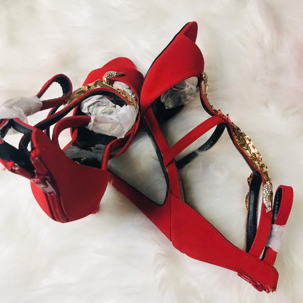 🆕️Red Rhinestone T-Strap Open Toe Single Soles Fa - Picture 7 of 7